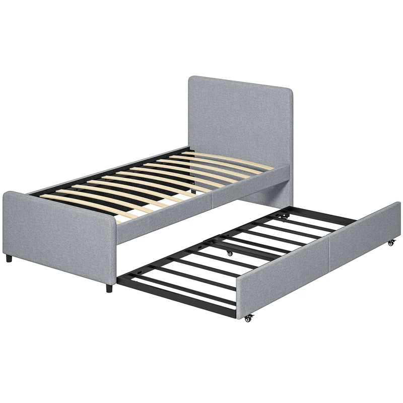 Lit gigogne coulissant chambre 200 x 97 x 95 cm convertible en lit double gain de place contemporain en tissu gris clair 21_0003796