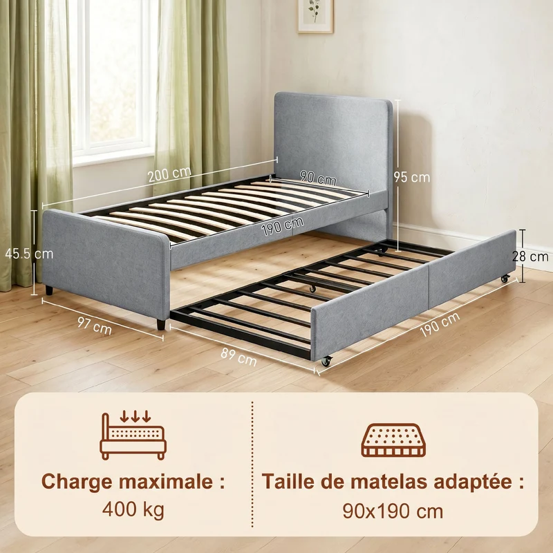 Lit gigogne coulissant chambre 200 x 97 x 95 cm convertible en lit double gain de place contemporain en tissu gris clair 21_0003796