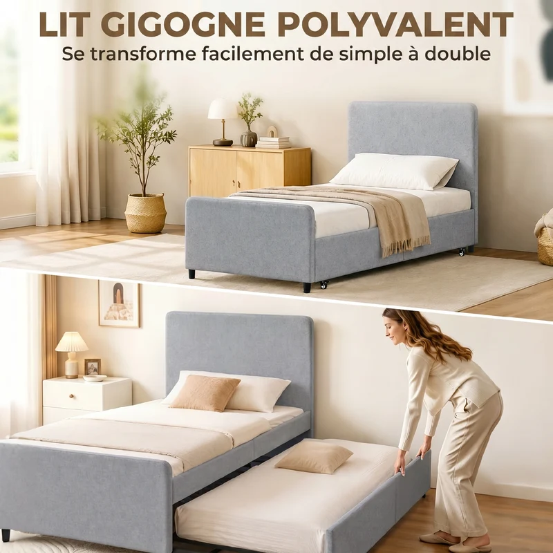 Lit gigogne coulissant chambre 200 x 97 x 95 cm convertible en lit double gain de place contemporain en tissu gris clair 21_0003796
