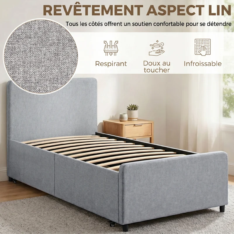 Lit gigogne coulissant chambre 200 x 97 x 95 cm convertible en lit double gain de place contemporain en tissu gris clair 21_0003796
