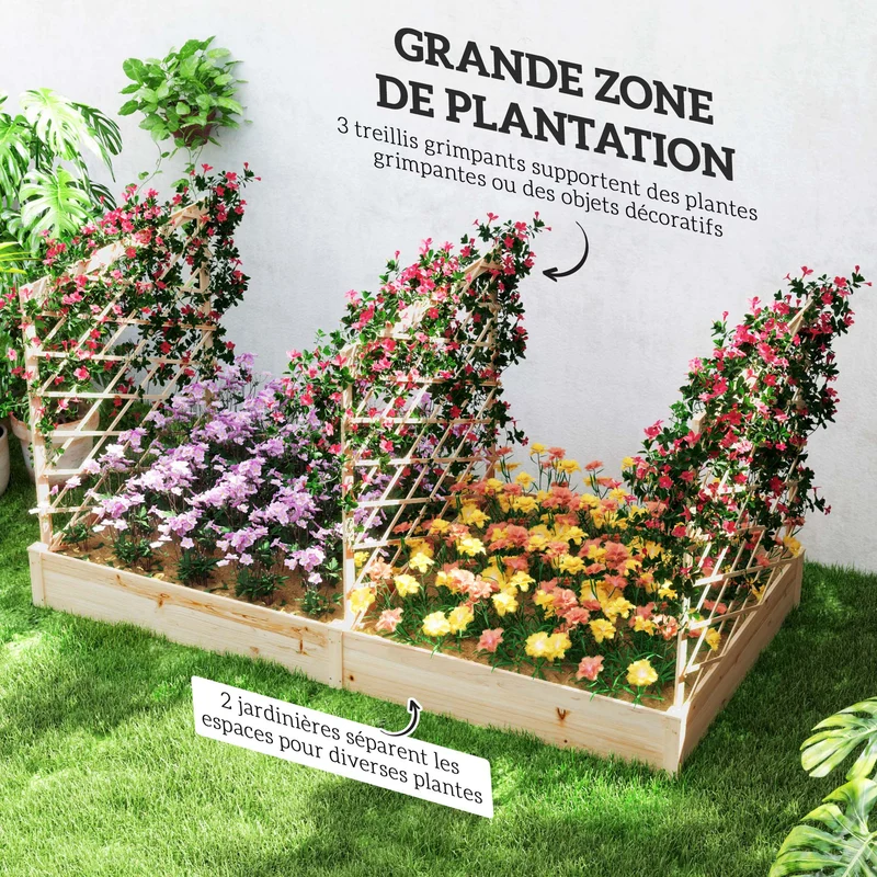 Jardinière surélevée balcon 222 x 114 x 109 cm trois treillis modulables deux bacs séparés rustique en bois naturel 21_0005553