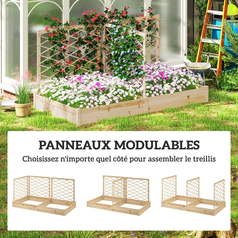 Jardinière surélevée balcon 222 x 114 x 109 cm trois treillis modulables deux bacs séparés rustique en bois naturel 21_0005553