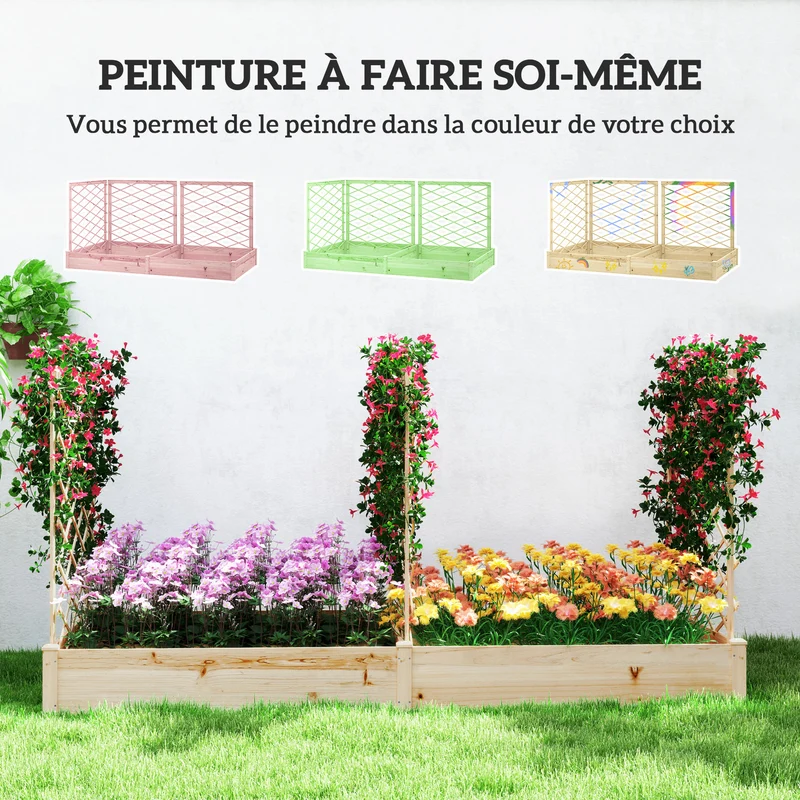 Jardinière surélevée balcon 222 x 114 x 109 cm trois treillis modulables deux bacs séparés rustique en bois naturel 21_0005553