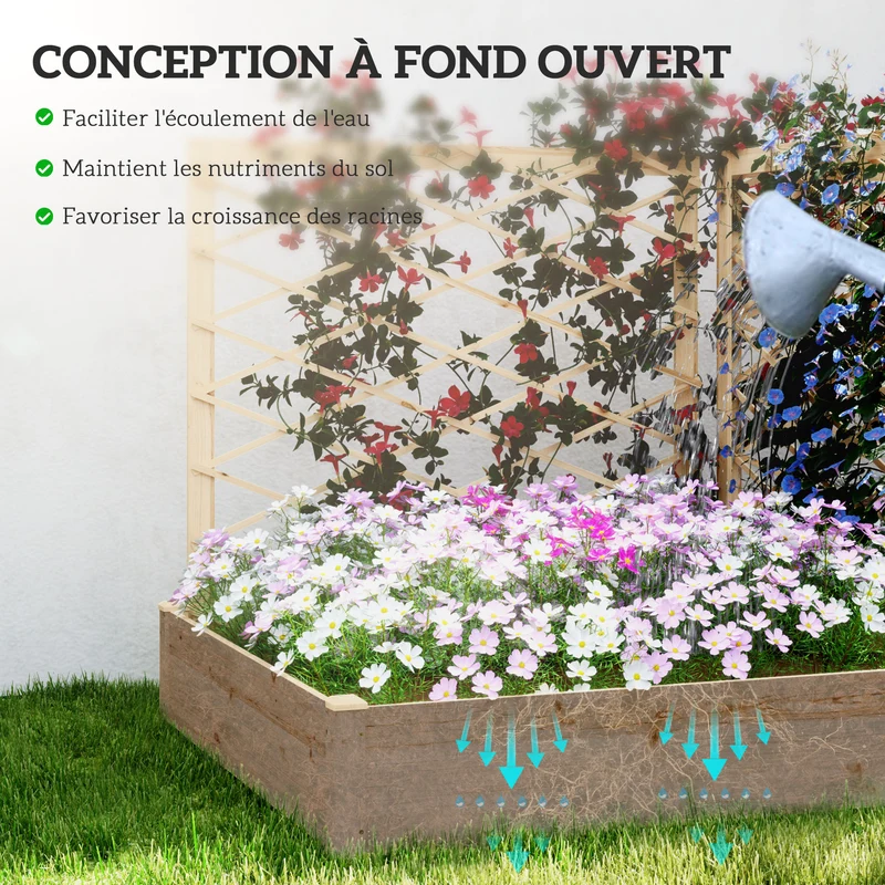 Jardinière surélevée balcon 222 x 114 x 109 cm trois treillis modulables deux bacs séparés rustique en bois naturel 21_0005553