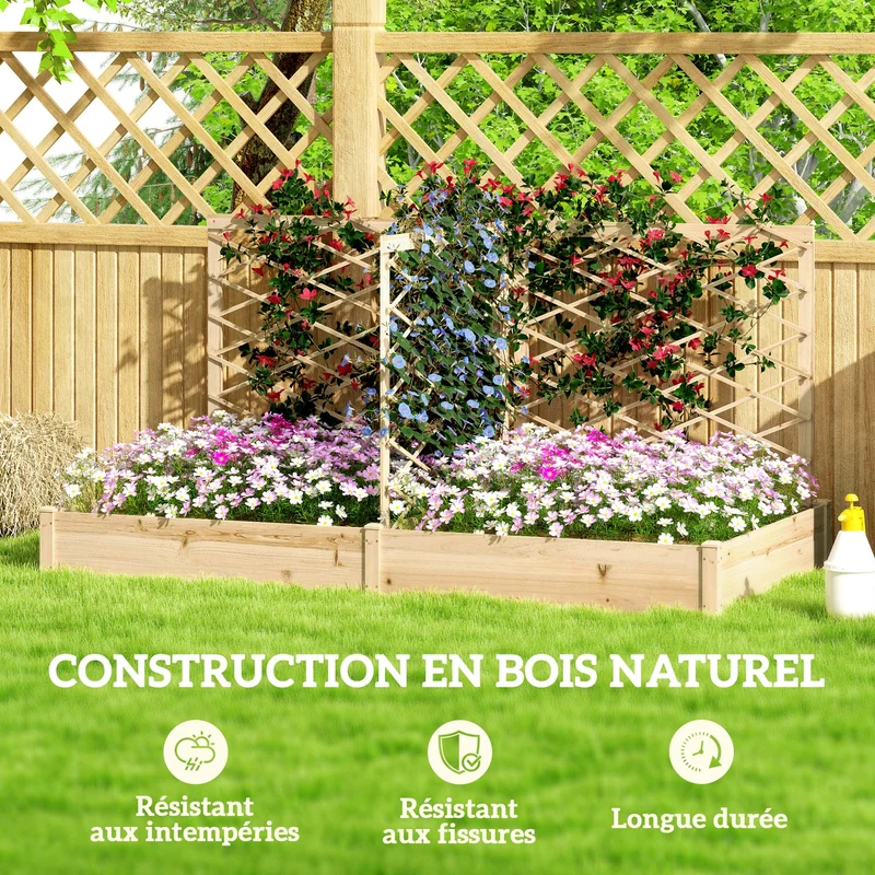 Jardinière surélevée balcon 222 x 114 x 109 cm trois treillis modulables deux bacs séparés rustique en bois naturel 21_0005553