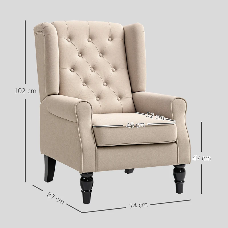 Fauteuil de salon capitonné à oreilles 74 x 87 x 102 cm assise large grand confort style classique en polyester beige 21_0001766