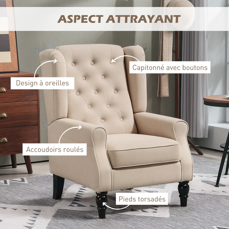 Fauteuil de salon capitonné à oreilles 74 x 87 x 102 cm assise large grand confort style classique en polyester beige 21_0001766