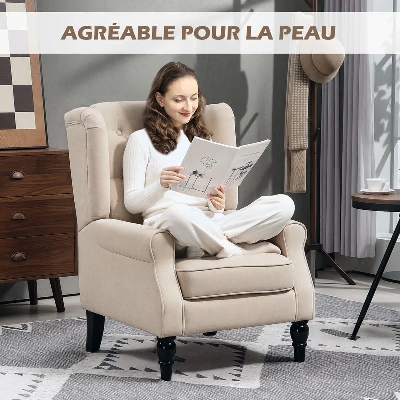 Fauteuil de salon capitonné à oreilles 74 x 87 x 102 cm assise large grand confort style classique en polyester beige 21_0001766