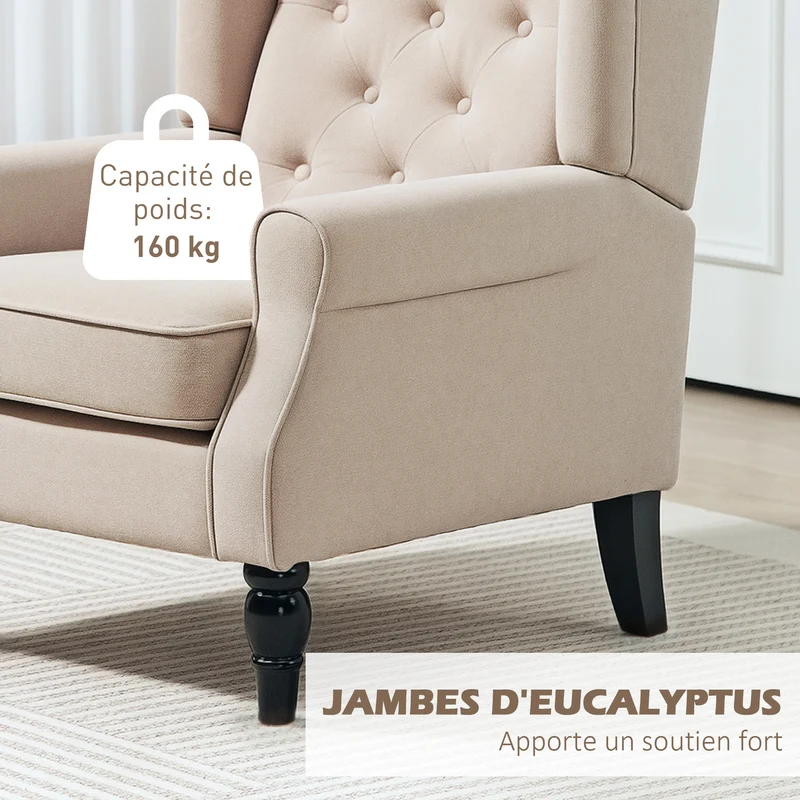 Fauteuil de salon capitonné à oreilles 74 x 87 x 102 cm assise large grand confort style classique en polyester beige 21_0001766