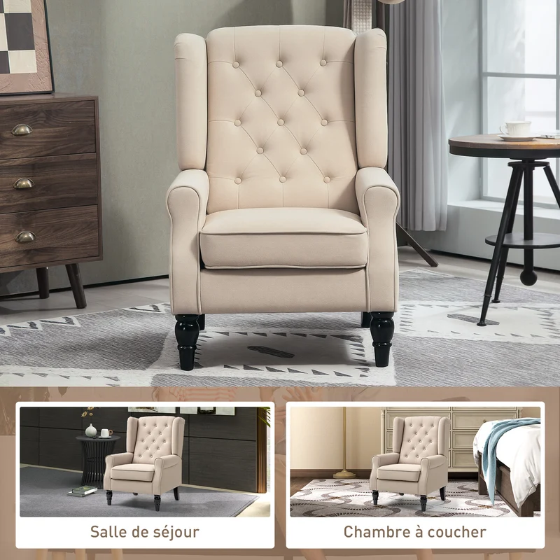 Fauteuil de salon capitonné à oreilles 74 x 87 x 102 cm assise large grand confort style classique en polyester beige 21_0001766