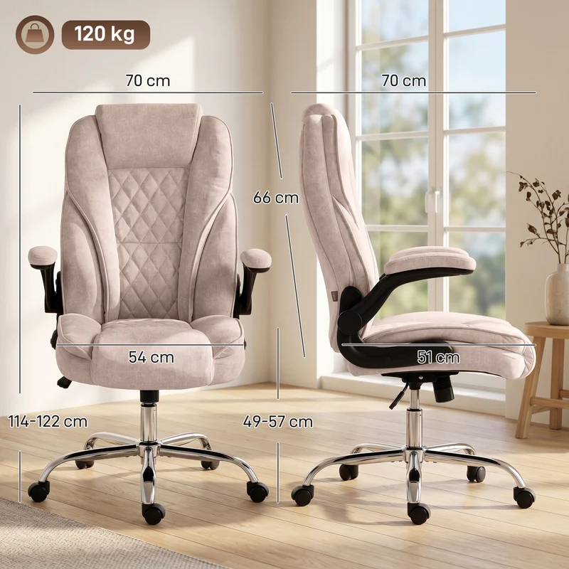 Fauteuil de bureau ergonomique 70 x 70 x 114-122 cm assise réglable accoudoirs relevables moderne épuré en velours rose 21_0006288