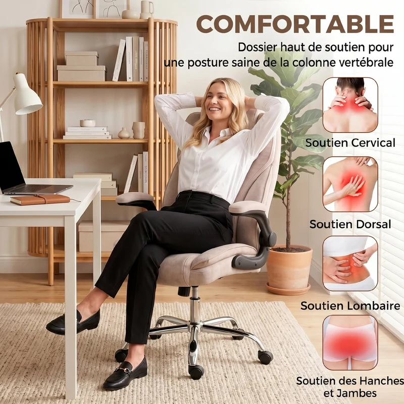 Fauteuil de bureau ergonomique 70 x 70 x 114-122 cm assise réglable accoudoirs relevables moderne épuré en velours rose 21_0006288