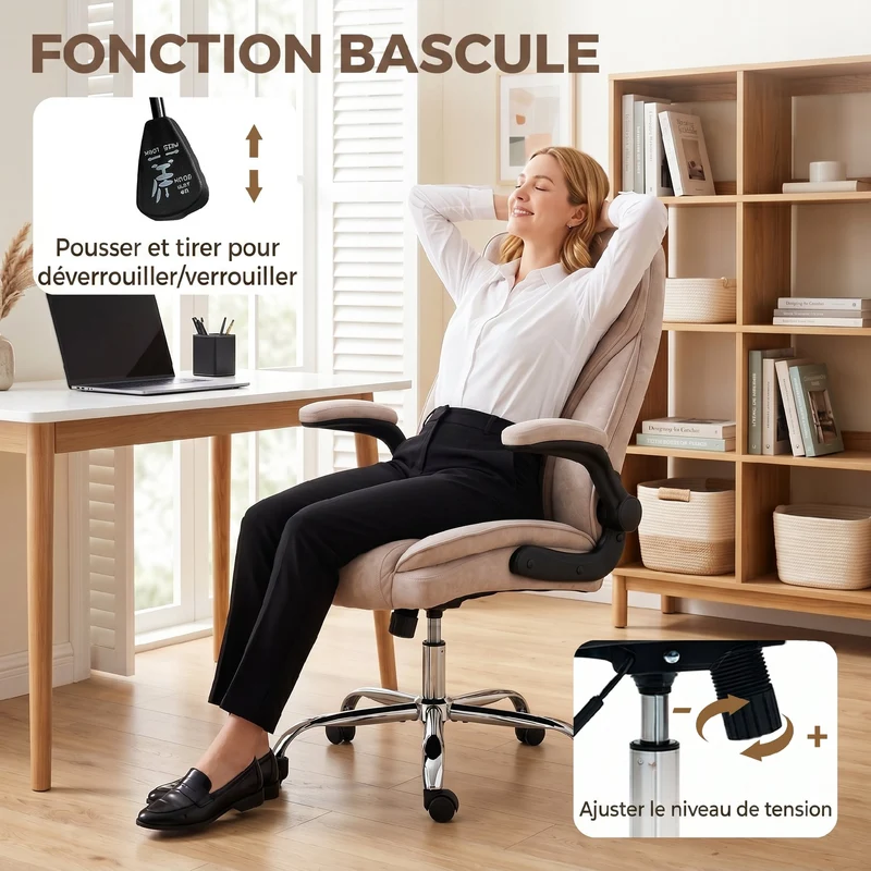 Fauteuil de bureau ergonomique 70 x 70 x 114-122 cm assise réglable accoudoirs relevables moderne épuré en velours rose 21_0006288
