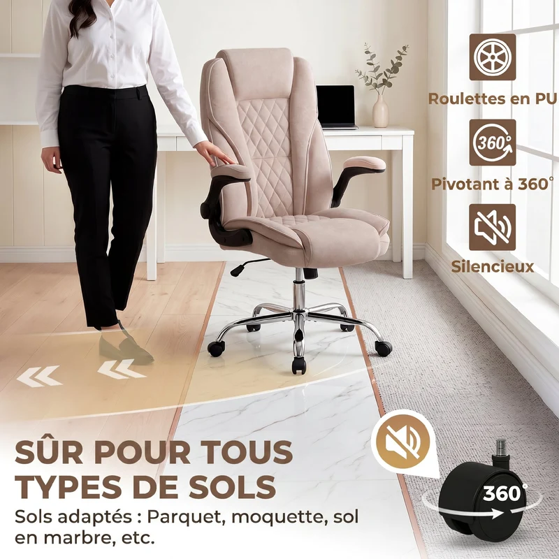 Fauteuil de bureau ergonomique 70 x 70 x 114-122 cm assise réglable accoudoirs relevables moderne épuré en velours rose 21_0006288