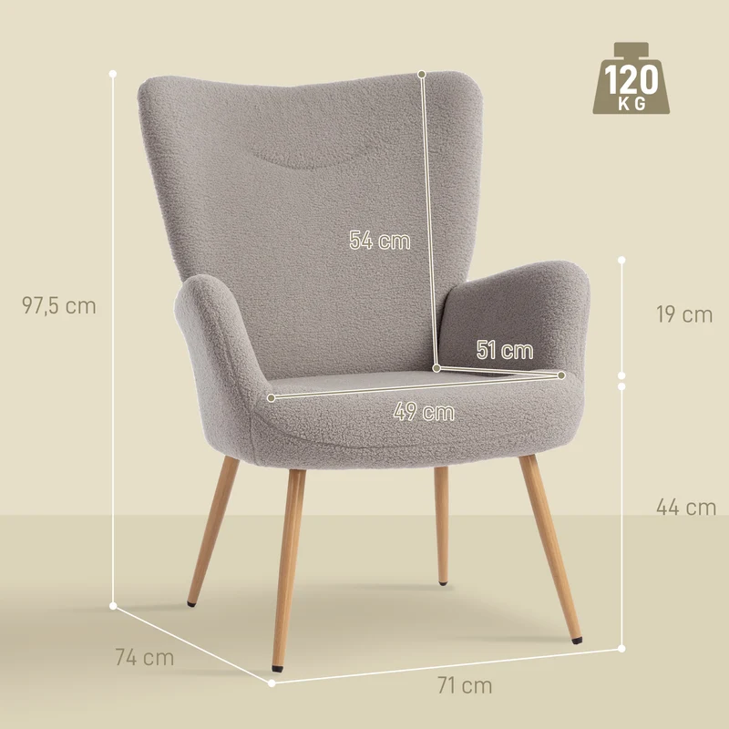 Fauteuil d'appoint de salon dossier large accoudoirs 71 x 74 x 98 cm confortable scandinave en tissu bouclette gris 21_0003540