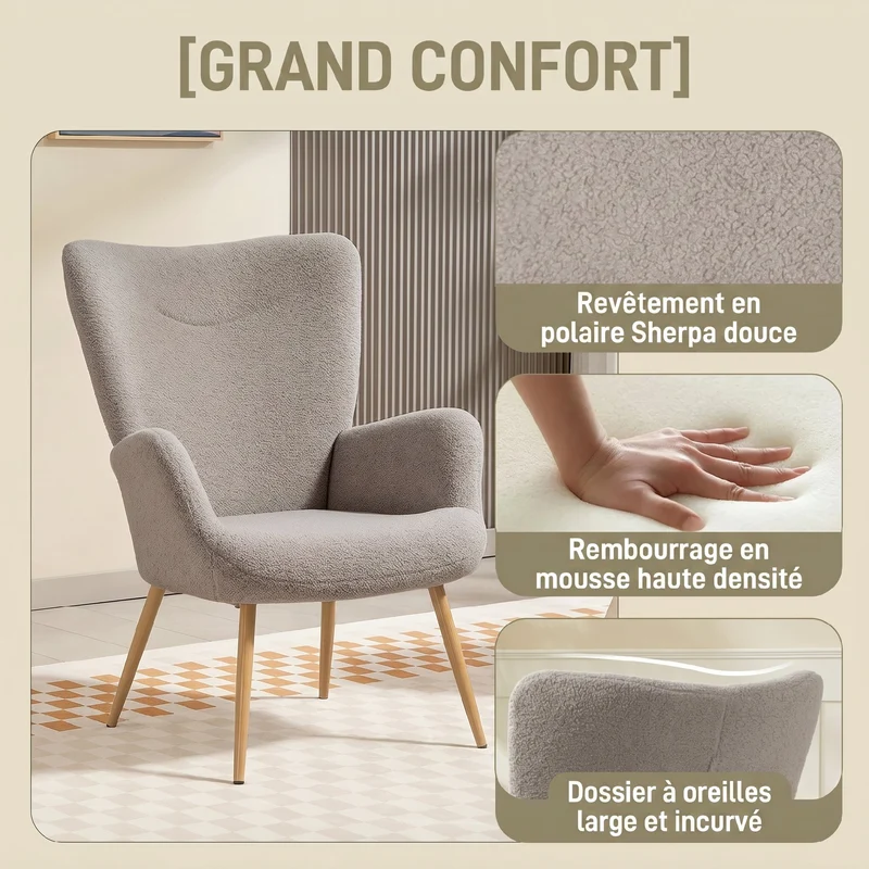 Fauteuil d'appoint de salon dossier large accoudoirs 71 x 74 x 98 cm confortable scandinave en tissu bouclette gris 21_0003540