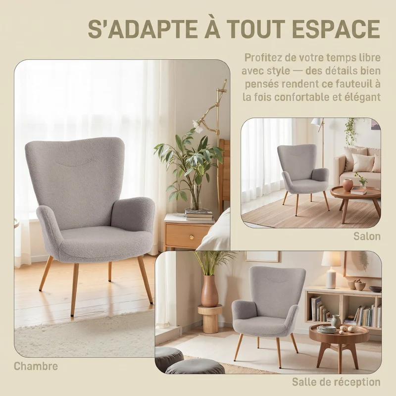 Fauteuil d'appoint de salon dossier large accoudoirs 71 x 74 x 98 cm confortable scandinave en tissu bouclette gris 21_0003540