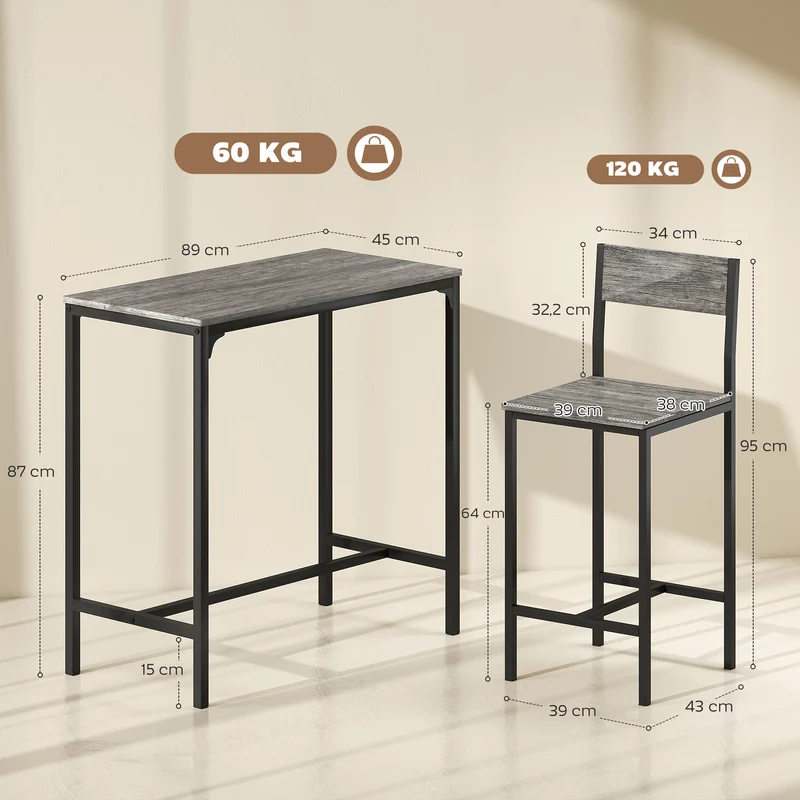 Ensemble table de bar et 2 tabourets 89 x 45 x 87 cm gain de place dossier ergonomique industriel en métal gris foncé 21_0002174