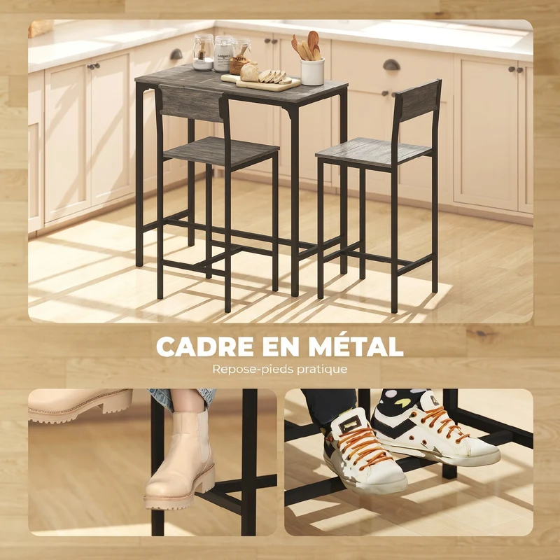 Ensemble table de bar et 2 tabourets 89 x 45 x 87 cm gain de place dossier ergonomique industriel en métal gris foncé 21_0002174