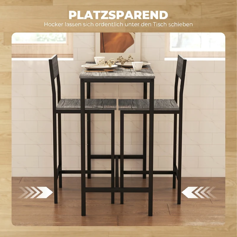 Ensemble table de bar et 2 tabourets 89 x 45 x 87 cm gain de place dossier ergonomique industriel en métal gris foncé 21_0002174