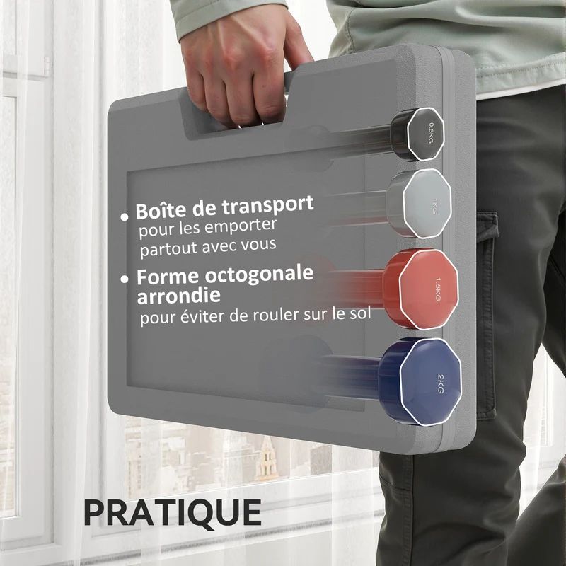 Ensemble d'haltères courts musculation 41 x 30 x 8 cm 10 kg anti-roulement prise ergonomique design moderne en PU noir 21_0006771