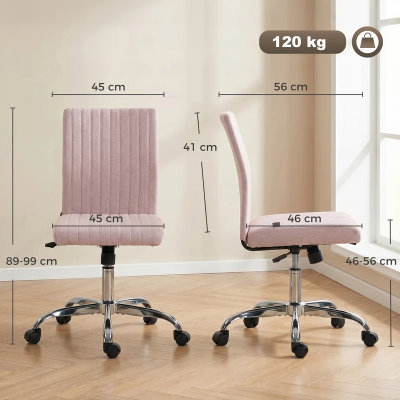 Chaise de bureau sans accoudoirs 43 x 56 x 89-99 cm pivotante 360 hauteur réglable moderne minimaliste en tissu rose 21_0006305