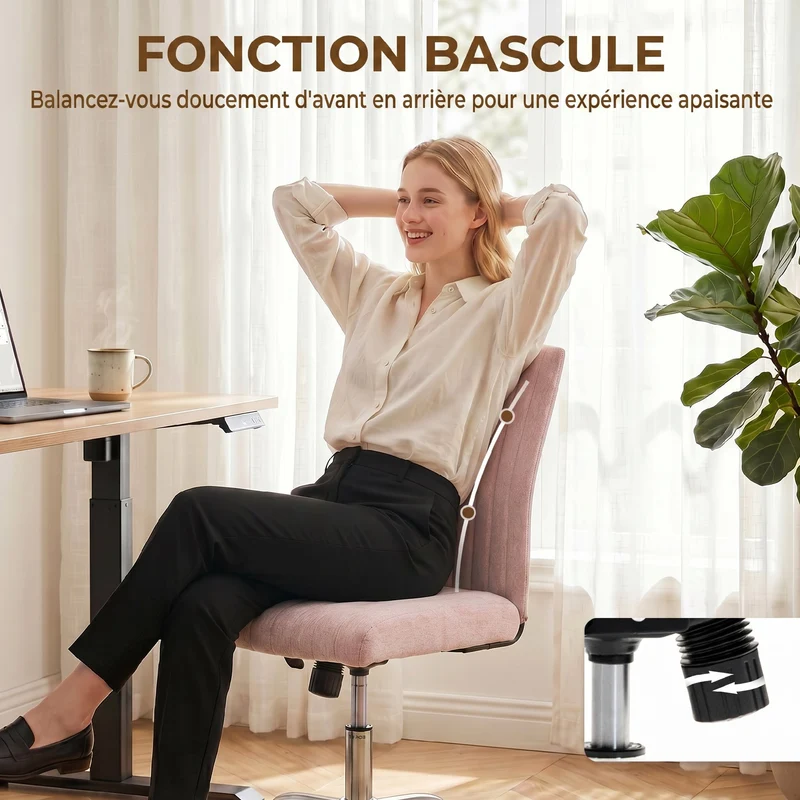 Chaise de bureau sans accoudoirs 43 x 56 x 89-99 cm pivotante 360 hauteur réglable moderne minimaliste en tissu rose 21_0006305