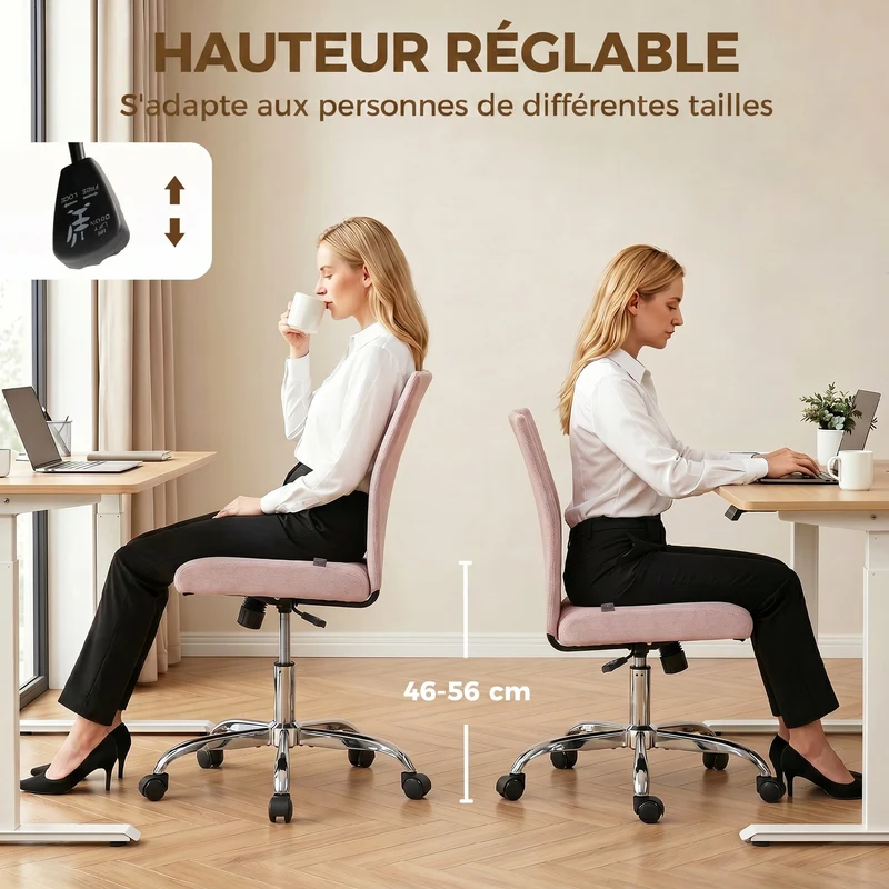 Chaise de bureau sans accoudoirs 43 x 56 x 89-99 cm pivotante 360 hauteur réglable moderne minimaliste en tissu rose 21_0006305