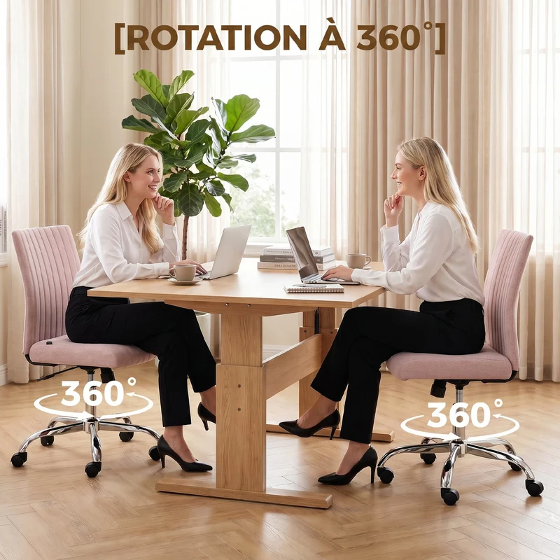 Chaise de bureau sans accoudoirs 43 x 56 x 89-99 cm pivotante 360 hauteur réglable moderne minimaliste en tissu rose 21_0006305