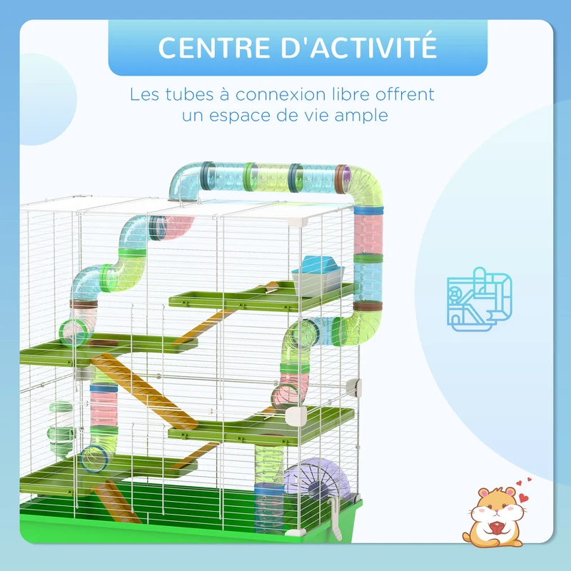 Cage pour hamsters et rongeurs 5 niveaux 59 x 36 x 69 cm avec tunnels et entretien facile moderne épuré en acier vert 21_0007929