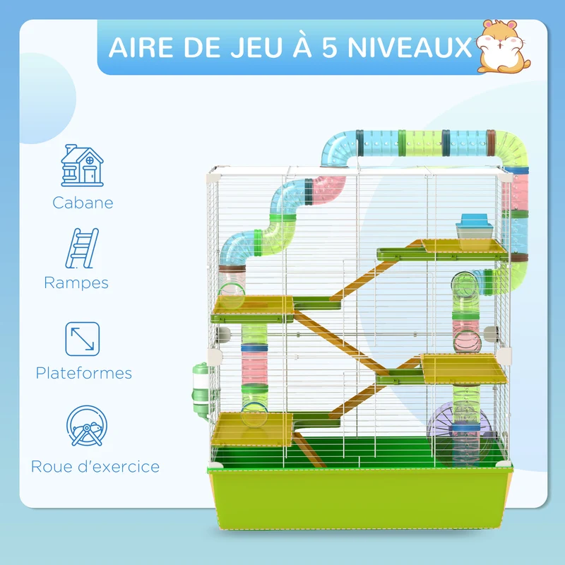 Cage pour hamsters et rongeurs 5 niveaux 59 x 36 x 69 cm avec tunnels et entretien facile moderne épuré en acier vert 21_0007929