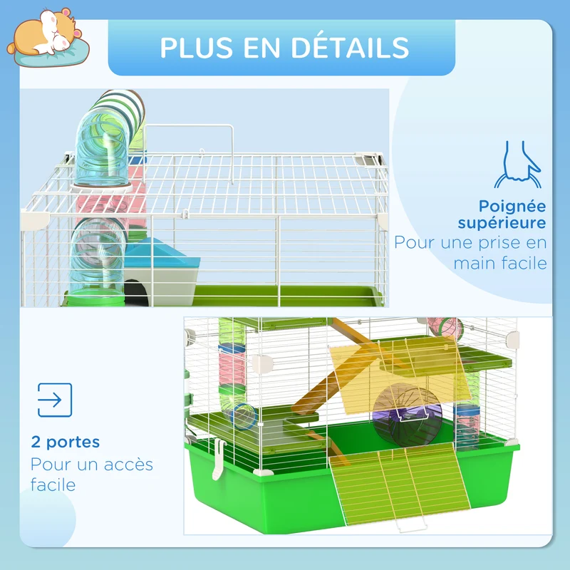 Cage pour hamsters et rongeurs 5 niveaux 59 x 36 x 69 cm avec tunnels et entretien facile moderne épuré en acier vert 21_0007929