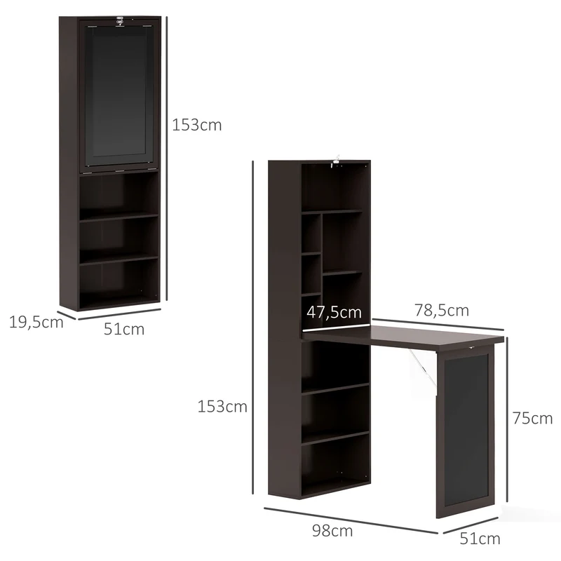 Bureau mural pliable 98 x 51 x 153 cm bibliothèque gain de place pour petits espaces cuisine moderne épuré en MDF marron 21_0002450