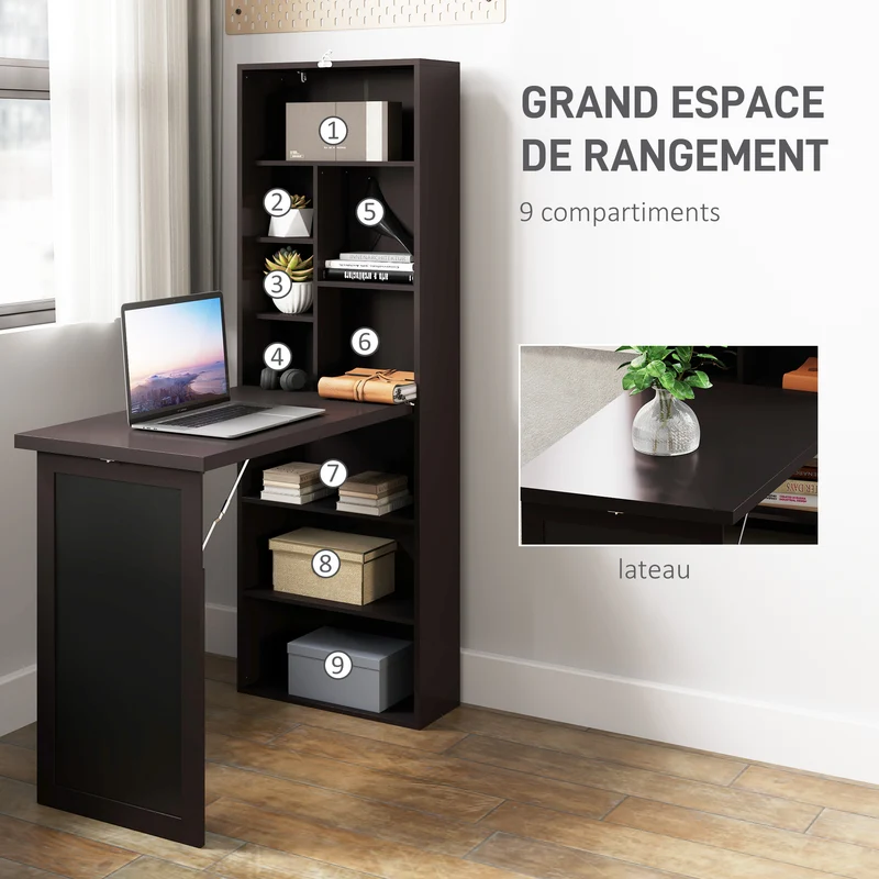 Bureau mural pliable 98 x 51 x 153 cm bibliothèque gain de place pour petits espaces cuisine moderne épuré en MDF marron 21_0002450