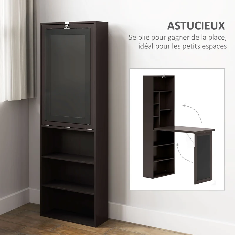 Bureau mural pliable 98 x 51 x 153 cm bibliothèque gain de place pour petits espaces cuisine moderne épuré en MDF marron 21_0002450
