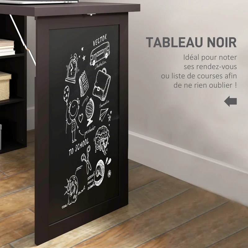Bureau mural pliable 98 x 51 x 153 cm bibliothèque gain de place pour petits espaces cuisine moderne épuré en MDF marron 21_0002450