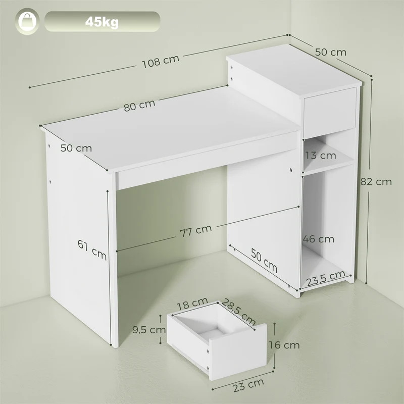 Bureau informatique 108 x 50 x 82 cm tiroir support tour imprimante compact épuré moderne en panneau de particules blanc 21_0002571