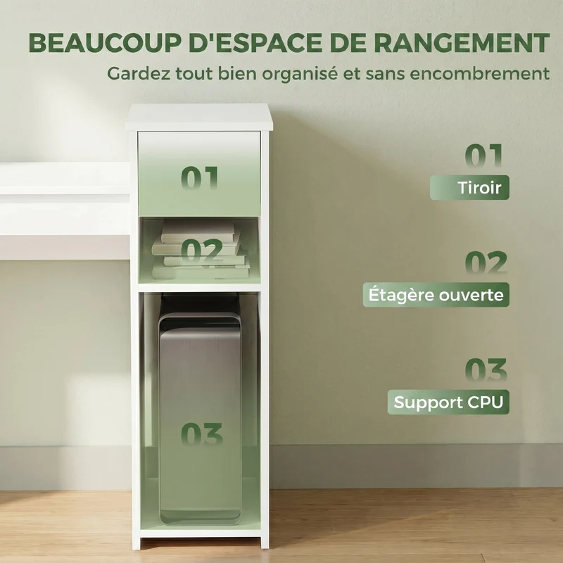 Bureau informatique 108 x 50 x 82 cm tiroir support tour imprimante compact épuré moderne en panneau de particules blanc 21_0002571