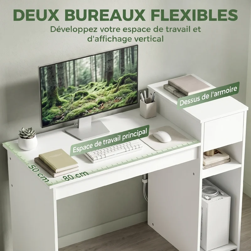 Bureau informatique 108 x 50 x 82 cm tiroir support tour imprimante compact épuré moderne en panneau de particules blanc 21_0002571
