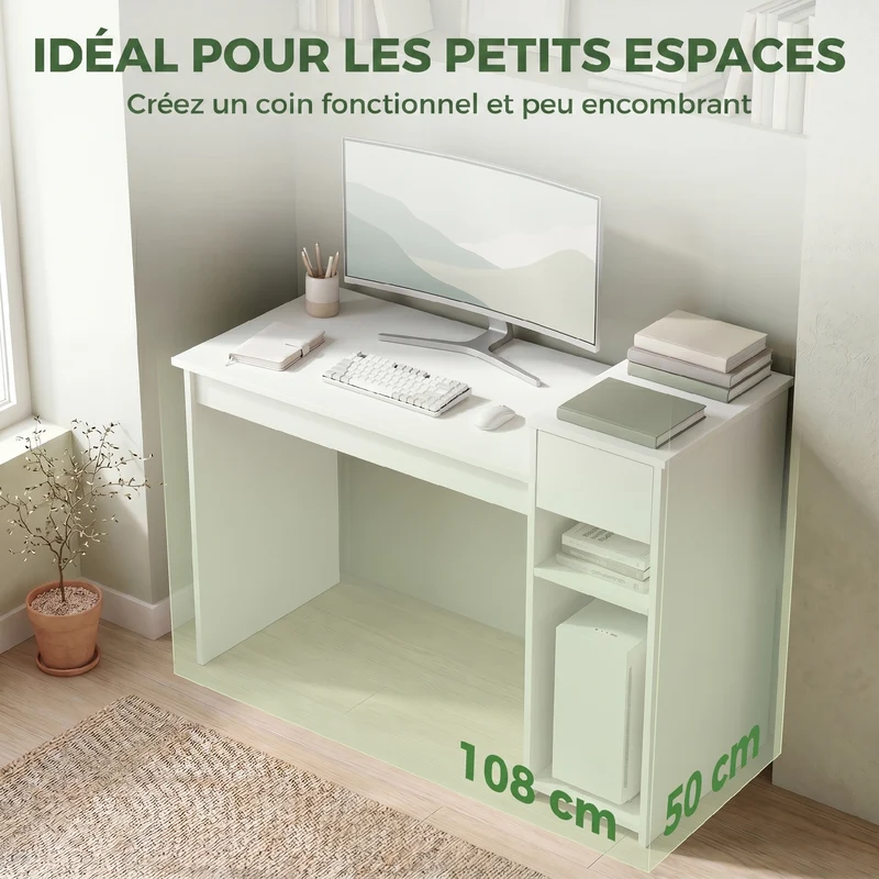 Bureau informatique 108 x 50 x 82 cm tiroir support tour imprimante compact épuré moderne en panneau de particules blanc 21_0002571
