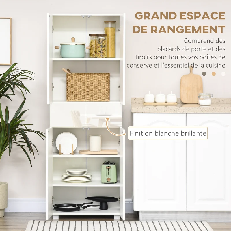 Buffet rangement cuisine 60 x 35 x 170 cm grand rangement avec étagères réglables contemporain épuré en MDF blanc laqué 21_0002268