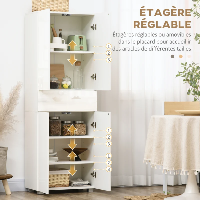 Buffet rangement cuisine 60 x 35 x 170 cm grand rangement avec étagères réglables contemporain épuré en MDF blanc laqué 21_0002268