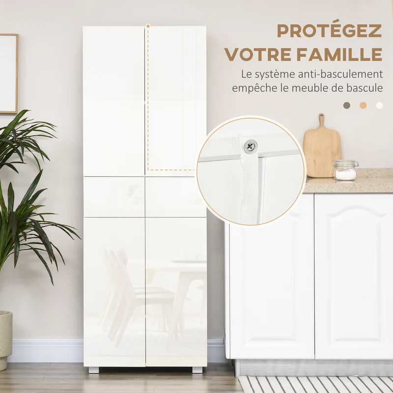 Buffet rangement cuisine 60 x 35 x 170 cm grand rangement avec étagères réglables contemporain épuré en MDF blanc laqué 21_0002268
