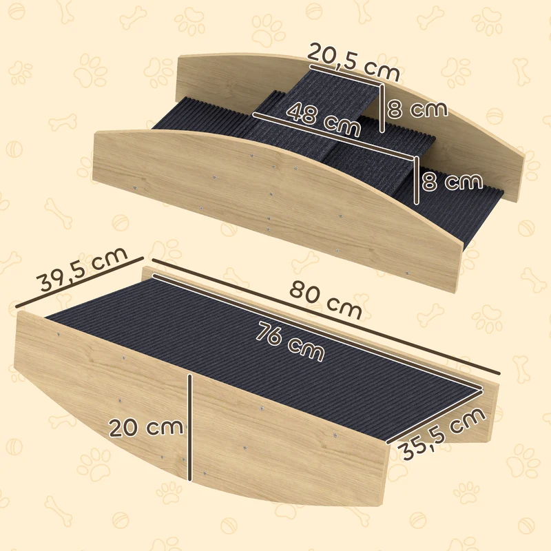 Bascule pour chien réversible escalier 80 x 39,5 x 20 cm antidérapant protège articulations contemporain en bois naturel 21_0007524