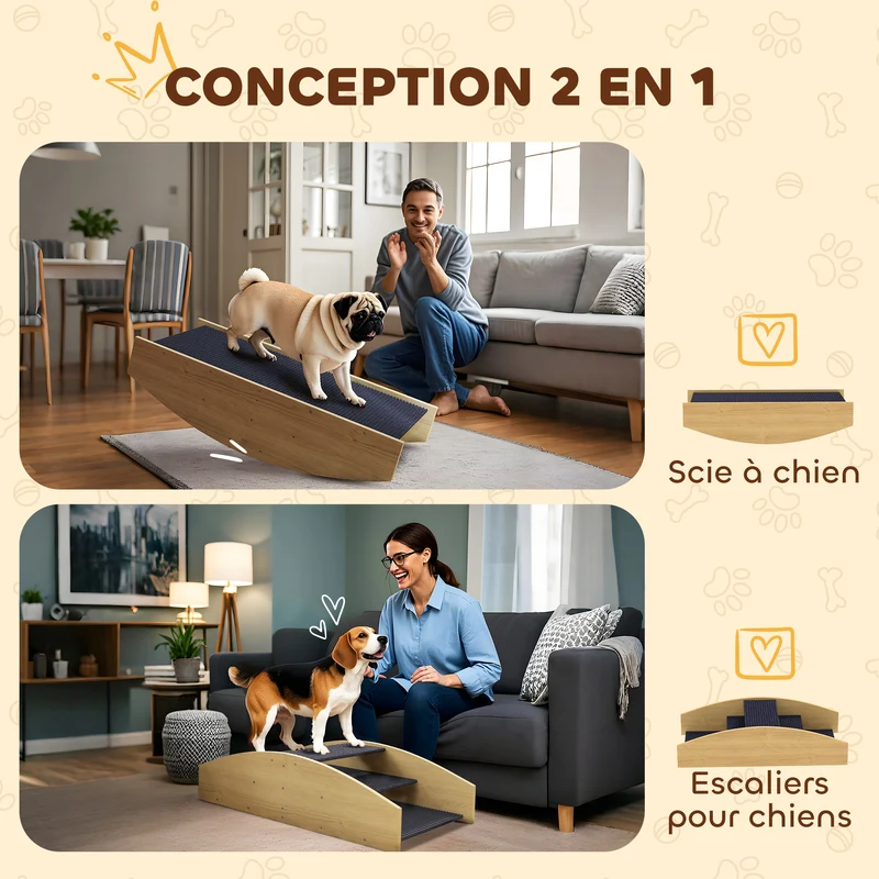 Bascule pour chien réversible escalier 80 x 39,5 x 20 cm antidérapant protège articulations contemporain en bois naturel 21_0007524