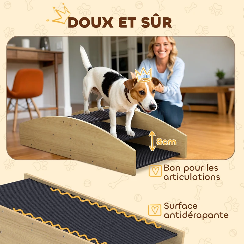 Bascule pour chien réversible escalier 80 x 39,5 x 20 cm antidérapant protège articulations contemporain en bois naturel 21_0007524