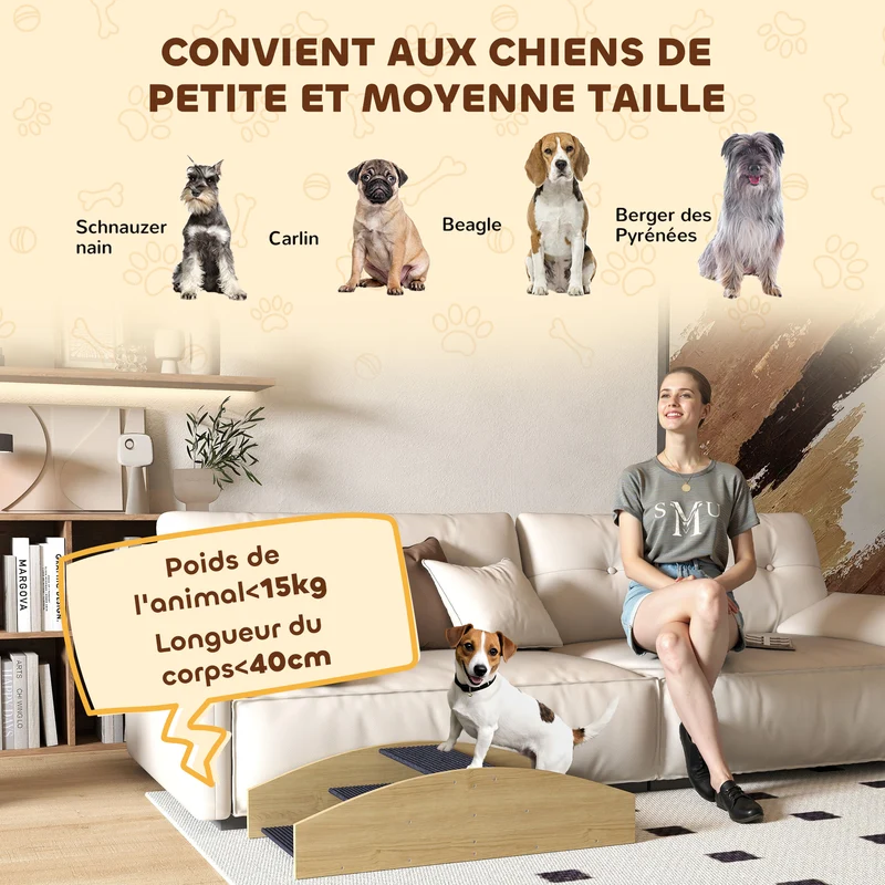 Bascule pour chien réversible escalier 80 x 39,5 x 20 cm antidérapant protège articulations contemporain en bois naturel 21_0007524