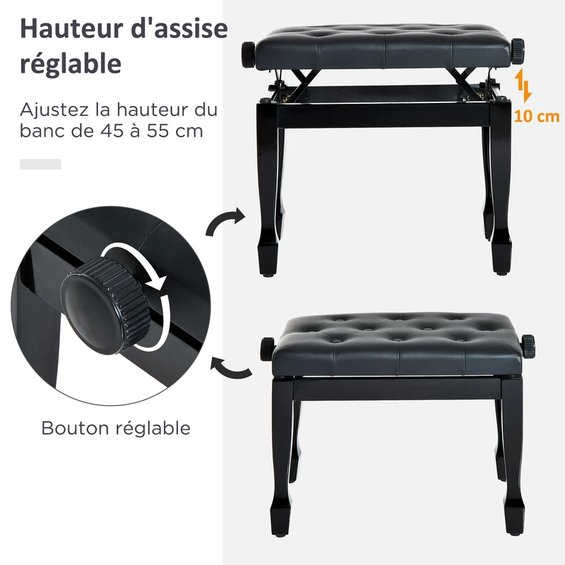 Banc de piano réglable 64 x 35 x 45-55 cm assise capitonnée confortable antidérapant style classique élégant en bois noir 21_0000099