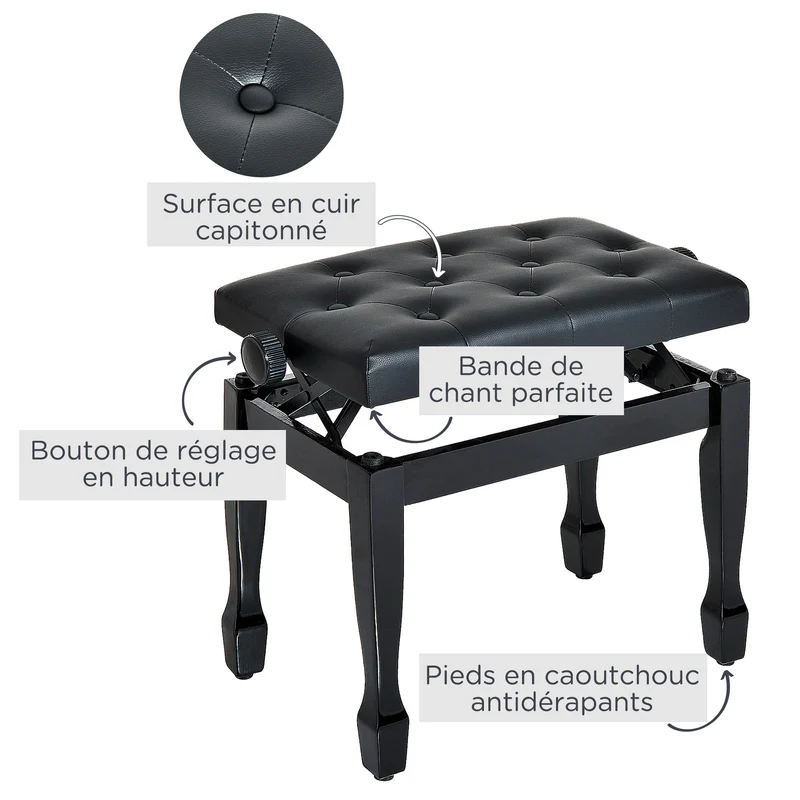 Banc de piano réglable 64 x 35 x 45-55 cm assise capitonnée confortable antidérapant style classique élégant en bois noir 21_0000099
