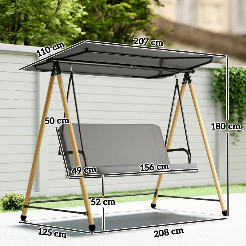 Balancelle de jardin 3 places 208 x 125 x 180 cm toit réglable coussins amovibles rustique contemporain en acier gris 21_0004536